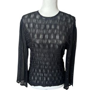 Anthropologie Blank London Black Smocked Semi Sheer Stretch Blouse Medium